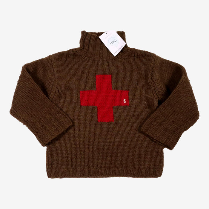 Pul en laine marron col roulé motif croix rouge 4 ans
